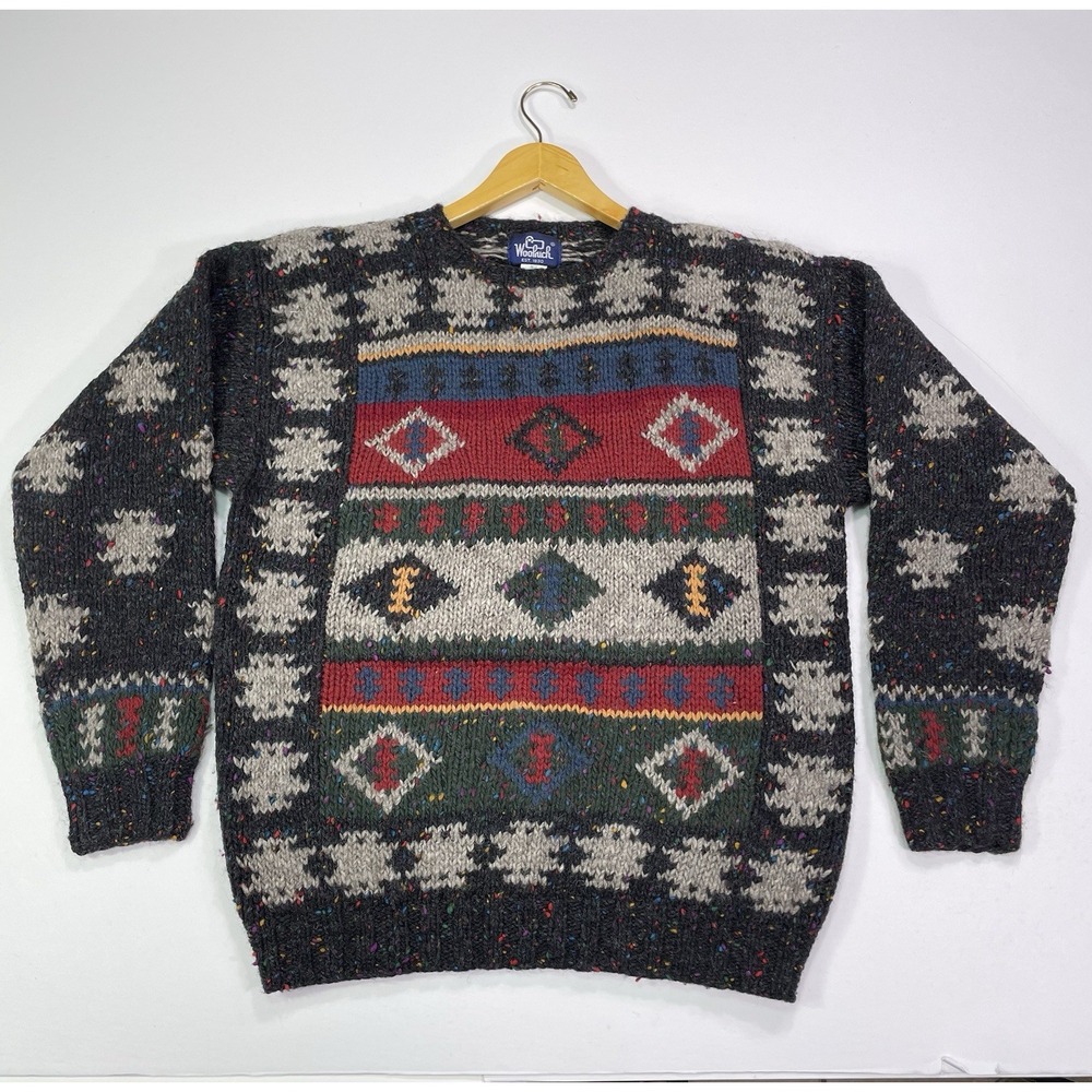 Vintage Woolrich 1990s Wool Nordic Chunky Knit Geometric Sweater Mens Size Large
